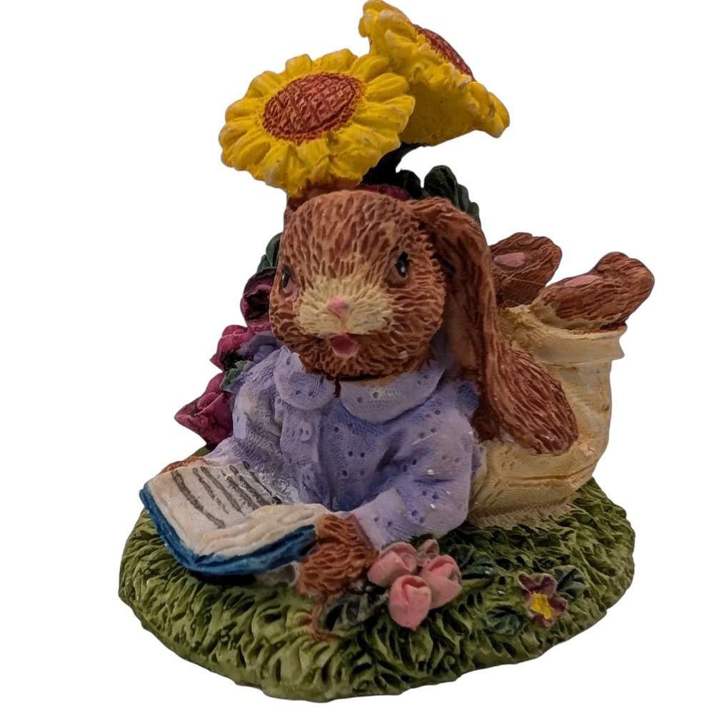Bunny Rabbit Figurine Collectible Resin Sunflowers Bunny Reading‎ Book Easter